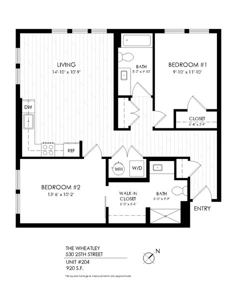 Floor plan for 2 beds, 2 baths, 920 sqft